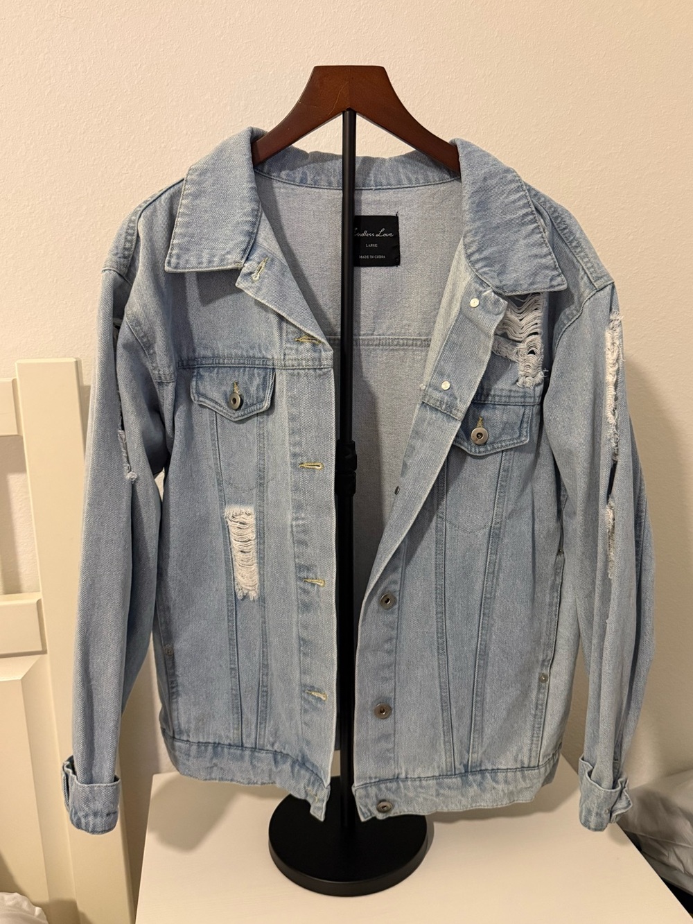Light Wash Distressed Denim Jacket - Women's Casual Jean Jacket